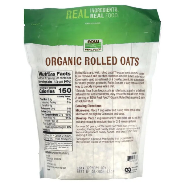 Вівсяні пластівці, Rolled Oats, NOW Foods, органік, 680 г