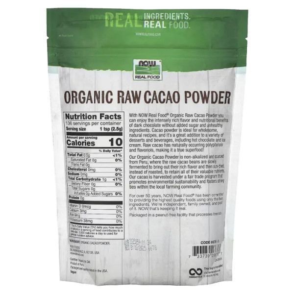Какао порошок, Cacao, Now Foods, Real Food, сирий, органічний, 340 г