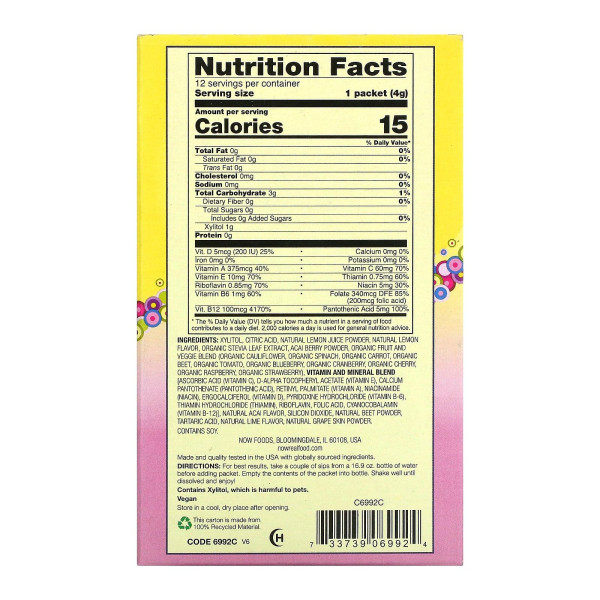 Напій зі смаком асаї та лимонника, Slender Sticks, Now Foods, Real Food, 12 пакетів по 4 г