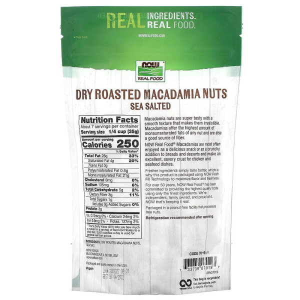 Макадамія орехи, Real Food, Macadamia Nuts, Now Foods, смажені у сухому вигляді, солоні, 255 г