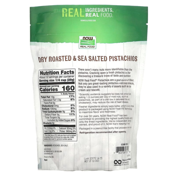 Фісташки, Real Food, Roasted Pistachios, Now Foods, сухі, смажені, з морською сіллю, 340 г