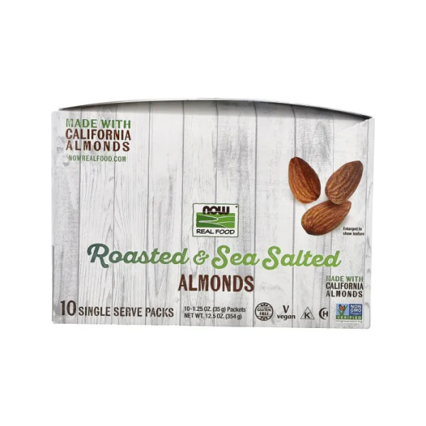 Мигдаль, Almonds, NOW Foods, смажений та солоний, 10 порційних упаковок по 35 г