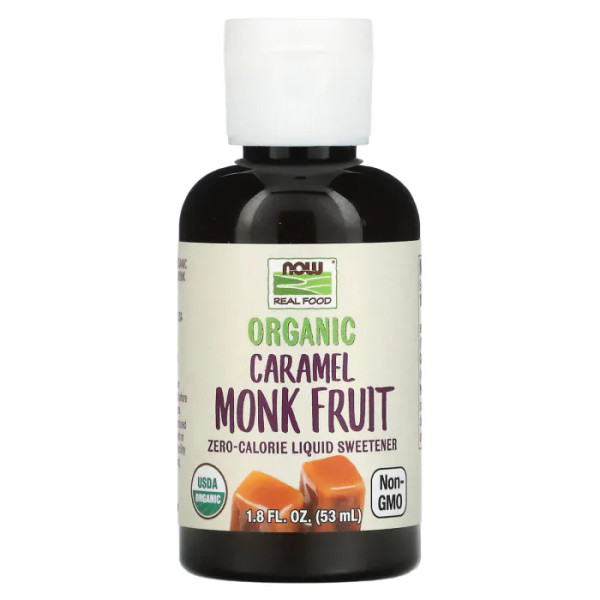 Підсолоджувач, екстракт плодів архату, Organic Monk Fruit, NOW Foods, Real Food, органік, рідкий, зі смаком карамелі, 53 мл