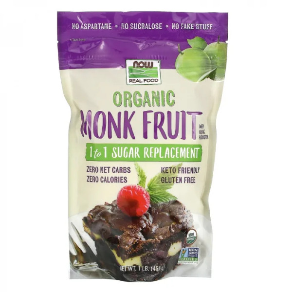 Экстракт архата, Organic Monk Fruit, NOW Foods, Real Food, заменитель сахара 1:1, 454 г