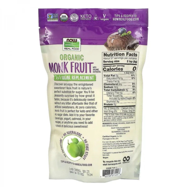 Экстракт архата, Organic Monk Fruit, NOW Foods, Real Food, заменитель сахара 1:1, 454 г