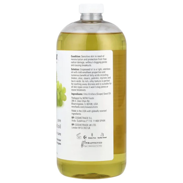 Олія виноградних кісточок, Pure Grapeseed Oil, NOW Foods, Solutions, для всіх типів шкіри, 946 мл