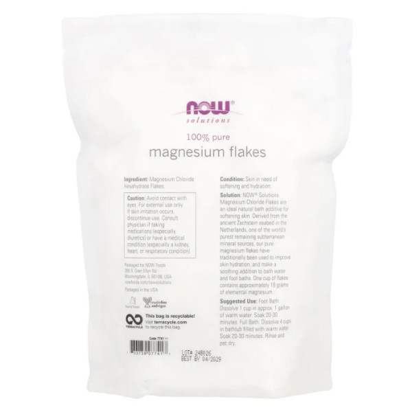 Магнієві пластівці для ванни, Magnesium Flakes, NOW Foods, Solutions, 100% чисті, 750 г