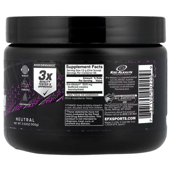Креалкалін EFX, Kre-Alkalyn EFX Powder, All American EFX, креатин моногідрат до і після тренування, порошок з нейтральним смаком, 100 гр.