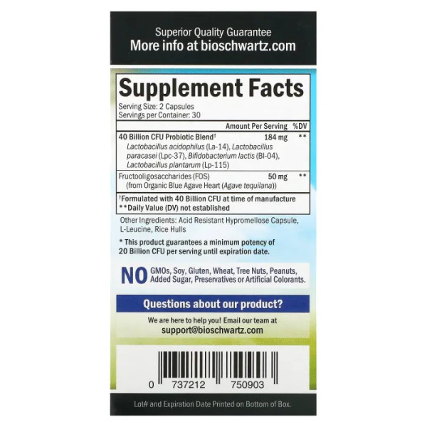 Пробіотик, Advanced Strength Probiotic, BioSchwartz, підвищена ефективність, 40 млрд КУО, 60 капсул (20 млрд КУО в капсулі)