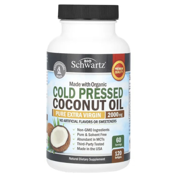 Кокосова олія холодного віджиму, Coconut Oil, BioSchwartz, органік, чистий екстра-клас, 2000 мг, 120 гелевих капсул (1000 мг в капсулі)20 гелевих капсул