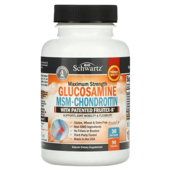 Глюкозамін МСМ Хондроїтин, Glucosamine MSM + Chondroitin with Patented Fruitex-B, BioSchwartz, з комплексом Fruitex-B, 90 капсул