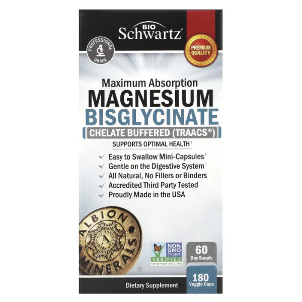 Бісгліцинат магнію, Maximum Absorption Magnesium Bisglycinate, BioSchwartz, 180 вегетаріанських капсул
