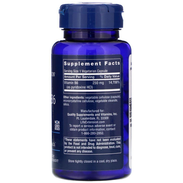 Вітамін В6 (піридоксин), Vitamin B6, Life Extension, 250 мг, 100 вегетаріанських капсул