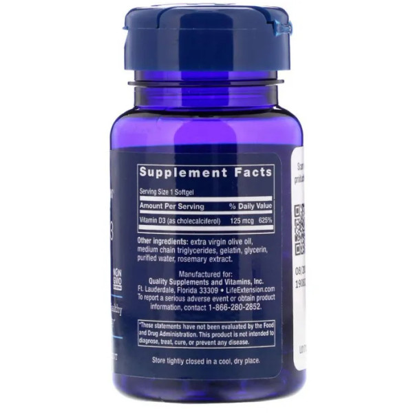 Вітамін D-3, Vitamin D3, Life Extension, 5000 МО, 60 гелевих капсул