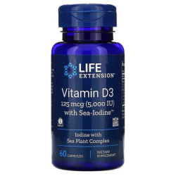 Витамин D3 с йодом, Life Extension Vitamin D3, 5000 МЕ (125 мкг), 60 капсул
