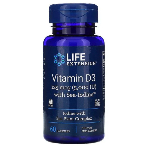 Вітамін D3, Vitamin D3, Life Extension, з йодом, 5000 МО (125 мкг), 60 капсул