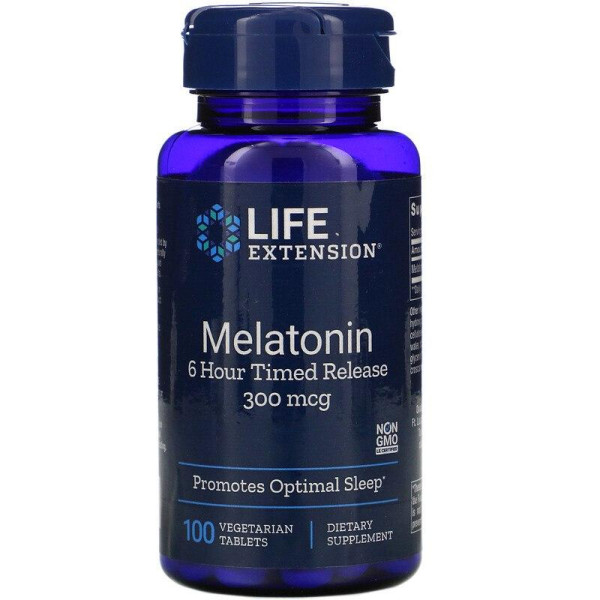 Мелатонін, Melatonin, Life Extension, 6-годинний, 300 мкг, 100 таблеток