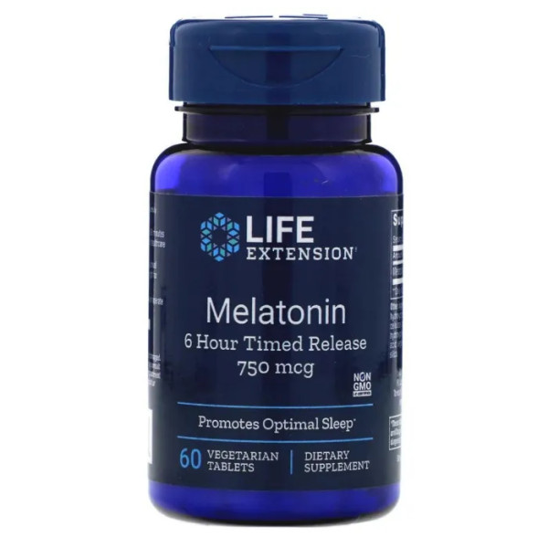 Мелатонін, Melatonin, Life Extension, 6-годинний, 750 мкг, 60 таблеток