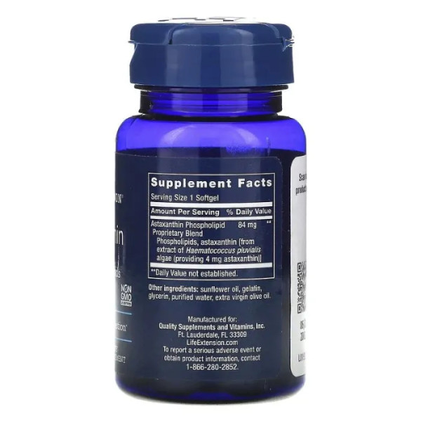 Астаксантин зфосфоліпідами, Astaxanthin with Phospholipids, Life Extension, 4 мг, 30 кап.