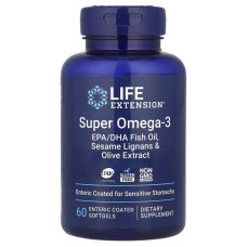Омега-3 риб'ячий жир, Super Omega-3 EPA/DHA Fish Oil Life Extension, з лігнанами кунжуту та екстрактом оливок, 60 гелевих капсул