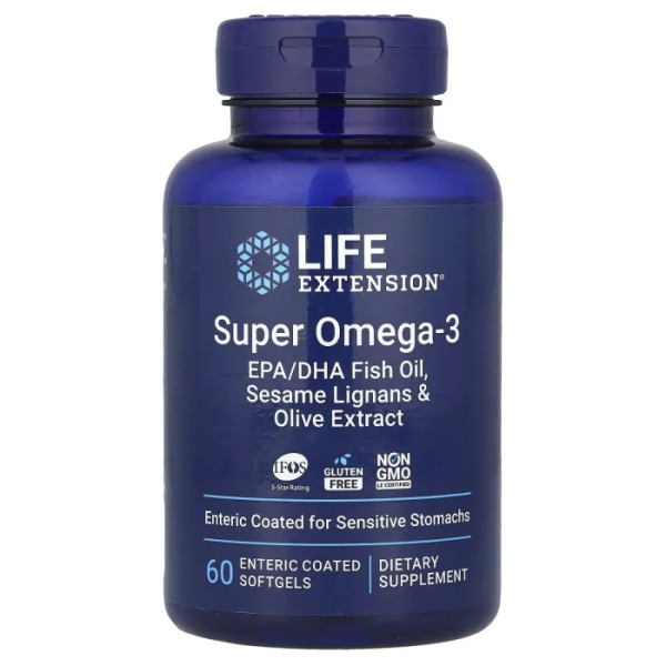 Омега-3, риб'ячий жир, Super Omega-3, EPA\/DHA Fish Oil, Life Extension, лігнани кунжуту та екстракт оливок, 60 гелевих капсул капсул з ентеросолюбильною оболонкою