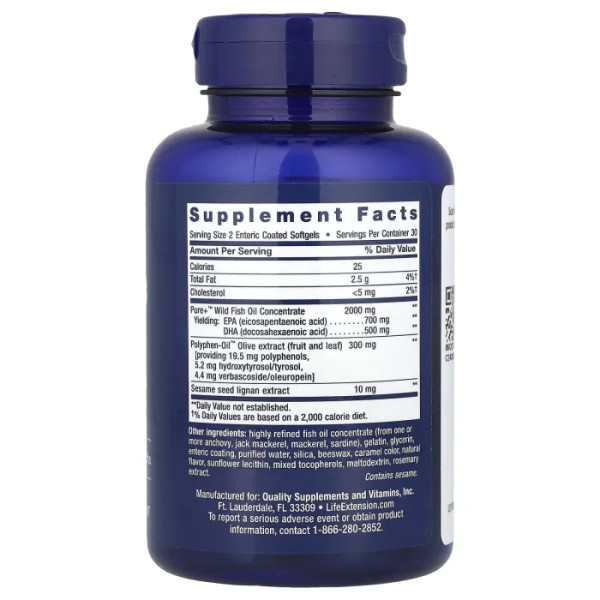 Омега-3, риб'ячий жир, Super Omega-3, EPA\/DHA Fish Oil, Life Extension, лігнани кунжуту та екстракт оливок, 60 гелевих капсул капсул з ентеросолюбильною оболонкою