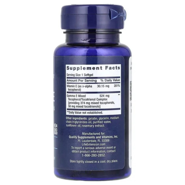 Вітамін Е: суміш токоферолів та токотрієнолів, Gamma E, Life Extension, 60 гелевих капсул