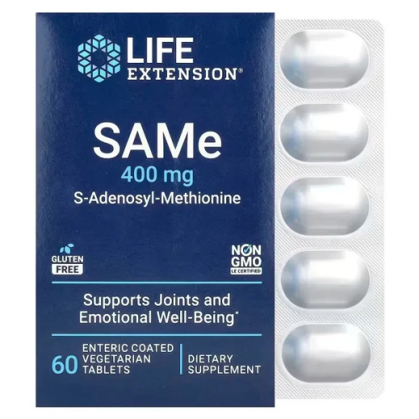 S-Аденозил-метіонін, S-Adenosyl-Methionine (SAMe), Life Extension, 400 мг, 60 вегетаріанських таблеток з кишковорозчинною оболонкою