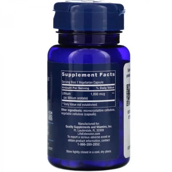 Літій оротат, Lithium, Life Extension, 1000 мкг, 100 вегетаріанських капсул