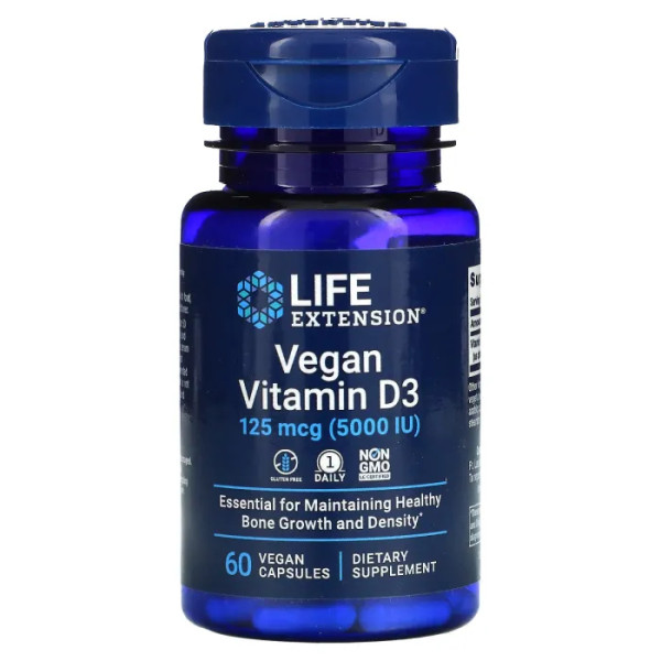 Вітамін D3 веганський, Vitamin D3, Life Extension, 125 мкг (5000 МО), 60 веганських капсул