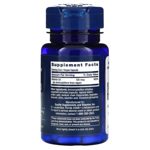 Вітамін D3 веганський, Vitamin D3, Life Extension, 125 мкг (5000 МО), 60 веганських капсул