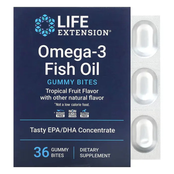 Омега-3, риб'ячий жир, Omega-3 Fish Oil Gummy Bites, Life Extension, тропічні фрукти, 36 жувальних цукерок