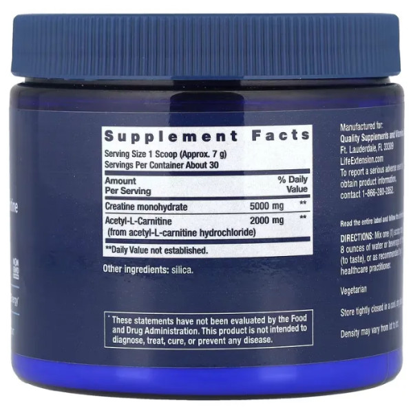 Креатин та ацетил-L-карнітин, Creatine & Acetyl-L-Carnitine, Energy Plus, Life Extension, підтримка фізичної сили та розумової енергії, 233 г