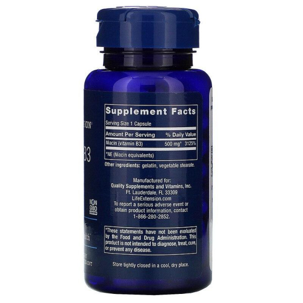 Вітамін В3 (ніацин), Vitamin B3 Niacin, Life Extension, 500 мг, 100 капсул