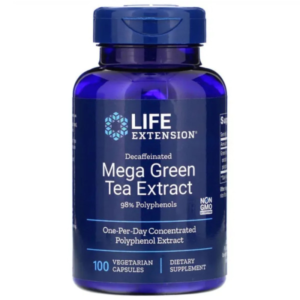 Зелений чай екстракт мега (Green Tea), Life Extension, без кофеїну, 100 кап.