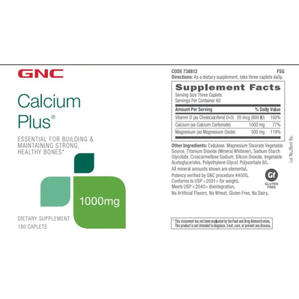 Кальцій (з магнієм та вітаміном D-3), Calcium Plus, GNC, 1000 мг, 180 каплет