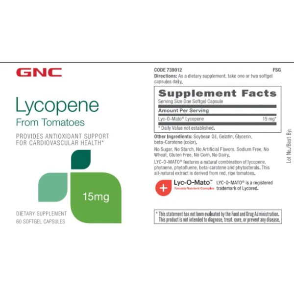 Лікопін, Lycopene, GNC, 15 мг, 60 гелевих капсул