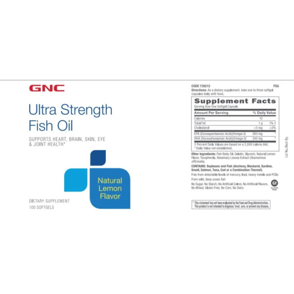 Риб'ячий жир, Ultra Strength Fish Oil, GNC, смак лимона, 100 гелевих капсул