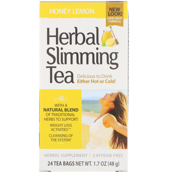 Чай для схуднення (мед, лимон), Herbal Slimming Tea, 21st Century, без кофеїну, 24 пак., (45 г)