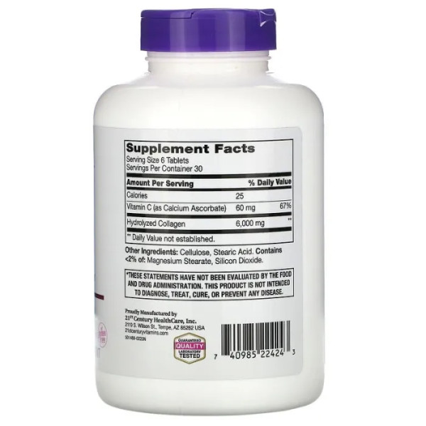 Суперколлаген плюс вітамін C, Super Collagen Plus Vitamin C, 21st Century, 6000 мг, 180 таблеток