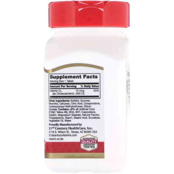 Витамин D3, Vitamin D3, 21st Century, вкус апельсина, 400 МЕ, 110 таблеток