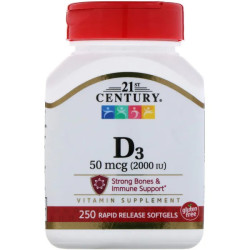 Вітамін D3 50 мкг, 21st Century Vitamin D3, 250 гелевих капсул