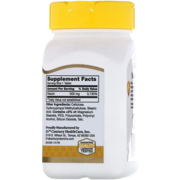 Витамин В3 (ниацин), Niacin, 21st Century, медленное высвобождение, 500 мг, 100 таблеток