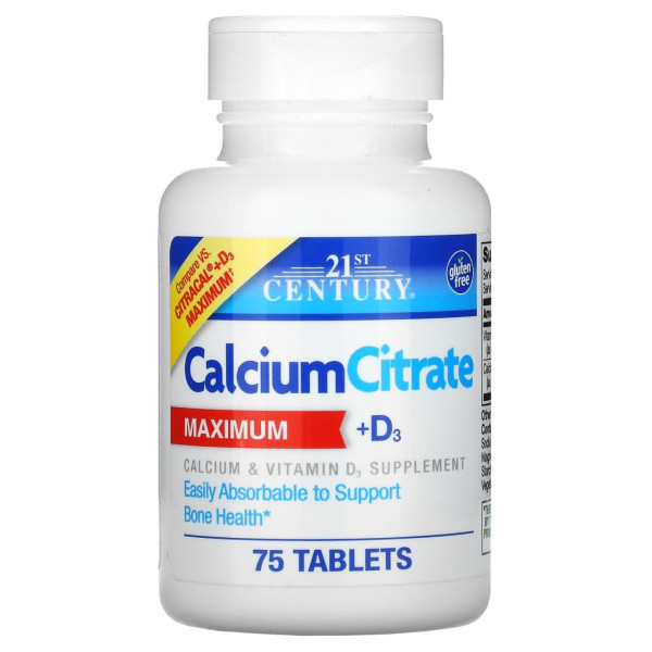 Кальцій + D3, Calcium Citrate + D3, 21st Century, 75 таблеток