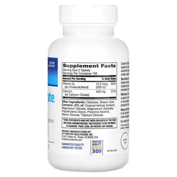 Кальцій D3, CalciumCitrate + D3, 21st Century, 200 таблеток