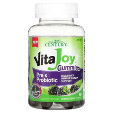 Мелатонин жевательные с пребиотиками и пробиотиками, 21st Century Vita Joy Melatonin Gummies, вкус ежевики, 60 жевательных конфет