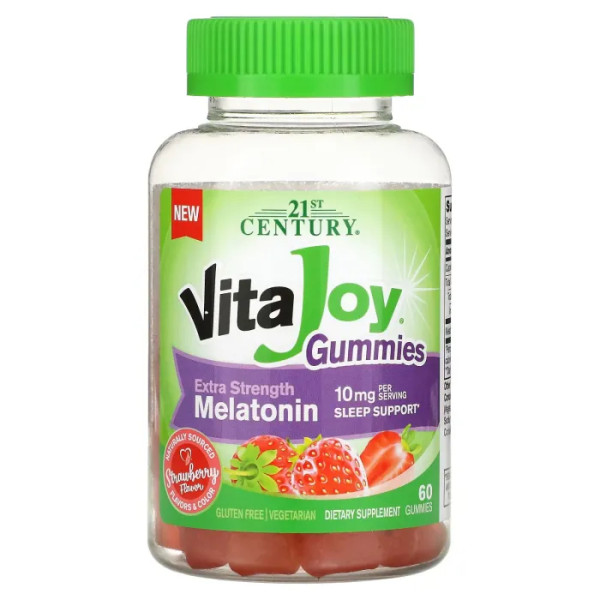Мелатонін, Vita Joy Melatonin Gummies, Extra Strength, 21st Century, зі смаком полуниці, 10 мг, 60 жувальних цукерок (5 мг у кожній жувальній гумці)