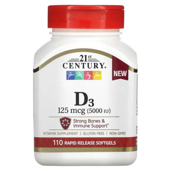 Вітамін D3, Vitamin D3, 21st Century, 125 мкг (5,000 МО), 110 софтгель капсул