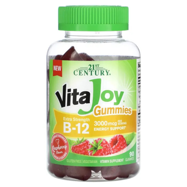 Вітамін В12 VitaJoy Gummies, Vitamin B-12, 21st Century, екстра сила, смак малини, 1500 мкг, 90 жувальних цукерок