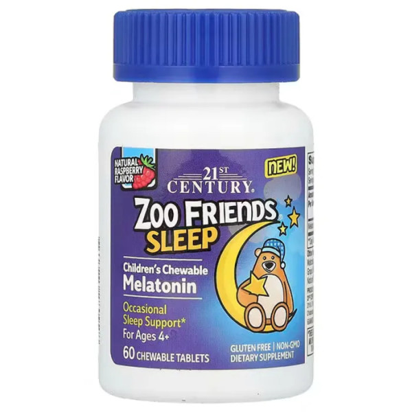Мелатонін для дітей від 4 років Zoo Friends Sleep, Children's Chewable Melatonin, 21st Century, зі смаком малини, 60 жувальних таблеток